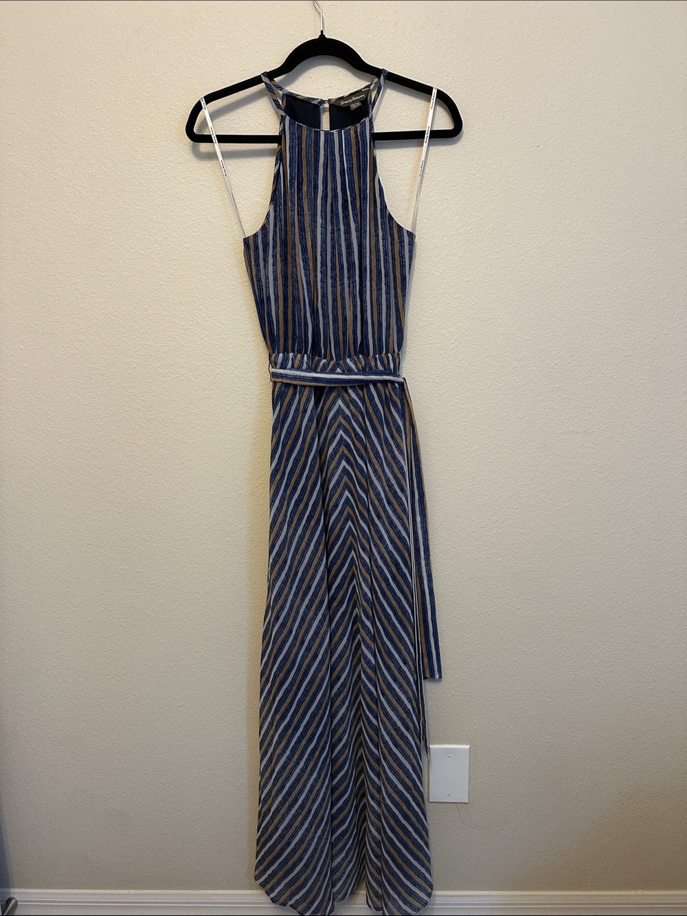 Tommy Bahama Navy, White and Tan Striped Halter Maxi Dress